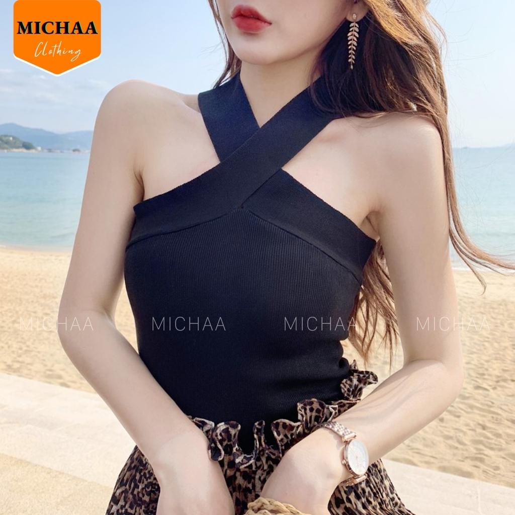 Áo Croptop YẾM 2 DÂY ĐẮP CHÉO BẢN TO Nữ Thun Gân, Áo Chéo Cổ - MICHAA