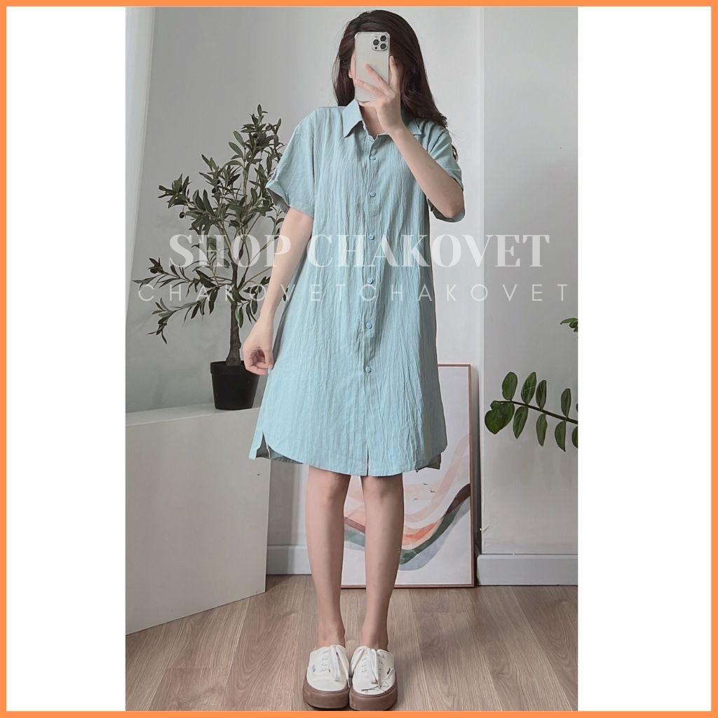 Váy sơ mi dáng dài đi biển V8300, đầm nữ đi chơi dạo phố đẹp sang chảnh vintager thắt eo dáng babydoll bánh bèo-CHAKOVET
