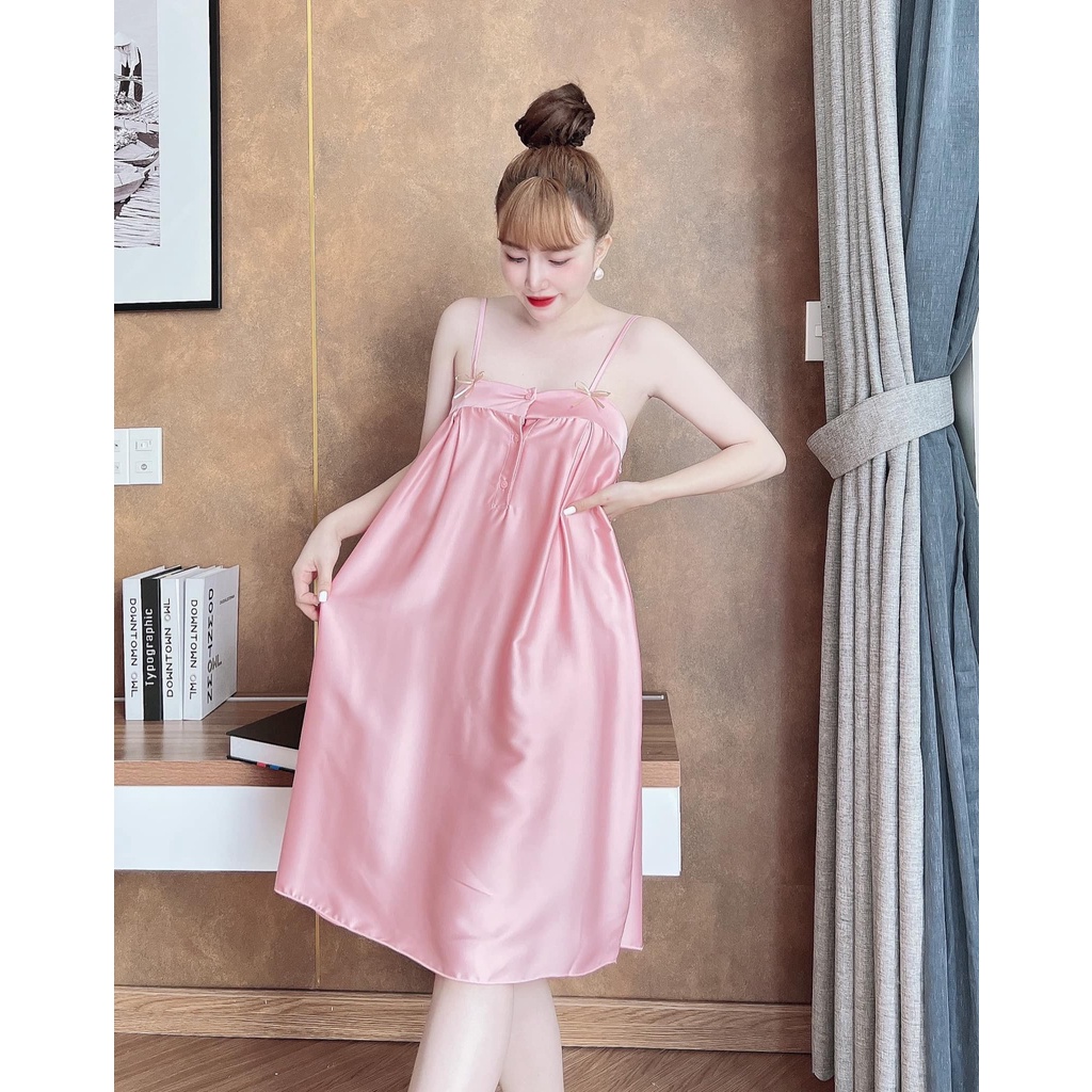 Đầm ngủ 2 dây, váy ngủ gợi cảm, đồ ngủ mặc nhà chất lụa latin cực mát, mịn có nút gài kèm nơ mặc nhà thoải mái [DN64]