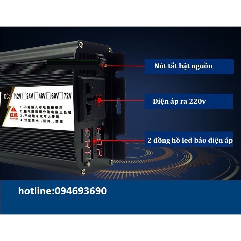 Bộ kích nguồn điện 12V lên 220v inverter sóng sine chuẩn 3000w