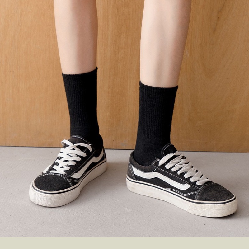 Vớ Cotton Cổ Cao Màu Trắng / Đen Phong Cách Nhật Bản Thời Trang Thu Đông
