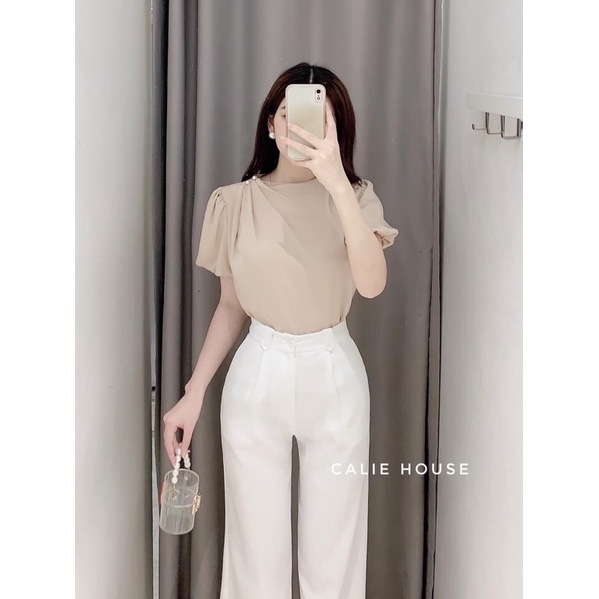Áo sơmi lụa cộc tay nhún vai cúc ngọc