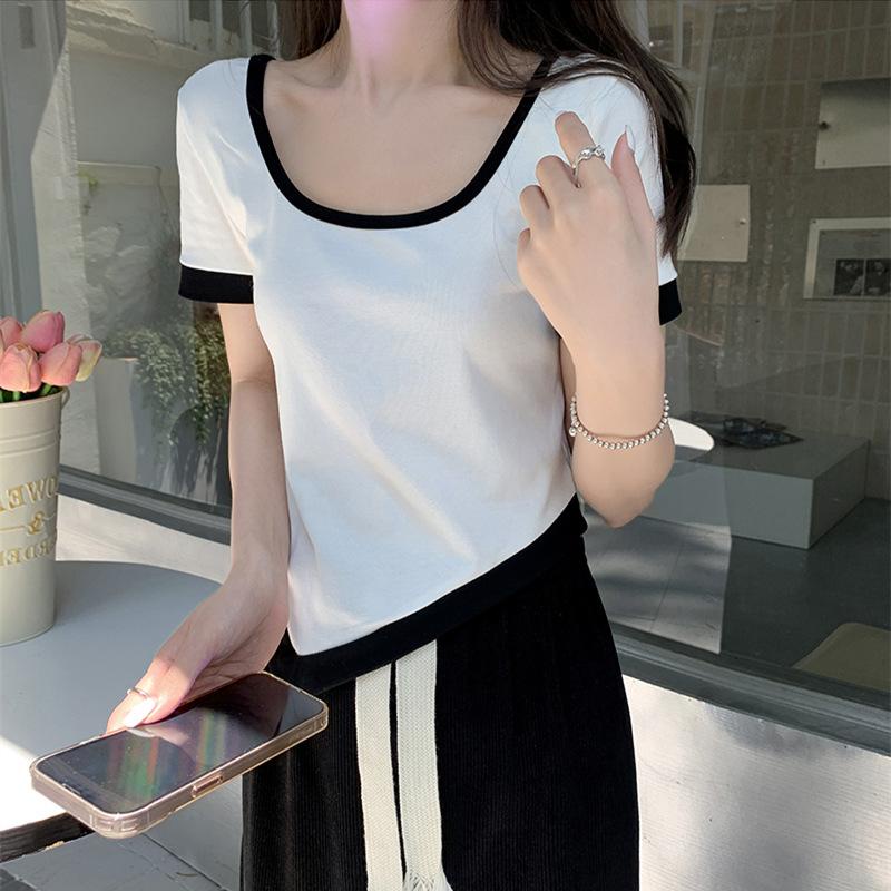 Áo Thun Tay Ngắn Trễ Vai Màu Sắc Tương Phản Thời Trang Mùa Hè Dành Cho Nữ