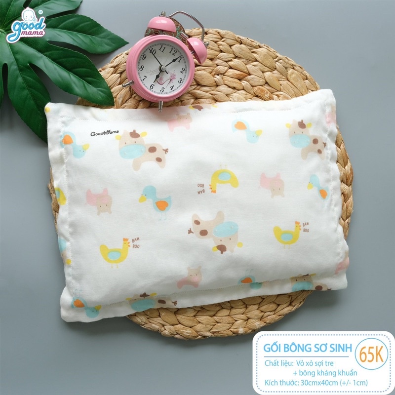 Gối Bông Sơ Sinh Cho Bé Goodmama vỏ xô sợi tre, bông microfiber kháng khuẩn tự nhiên