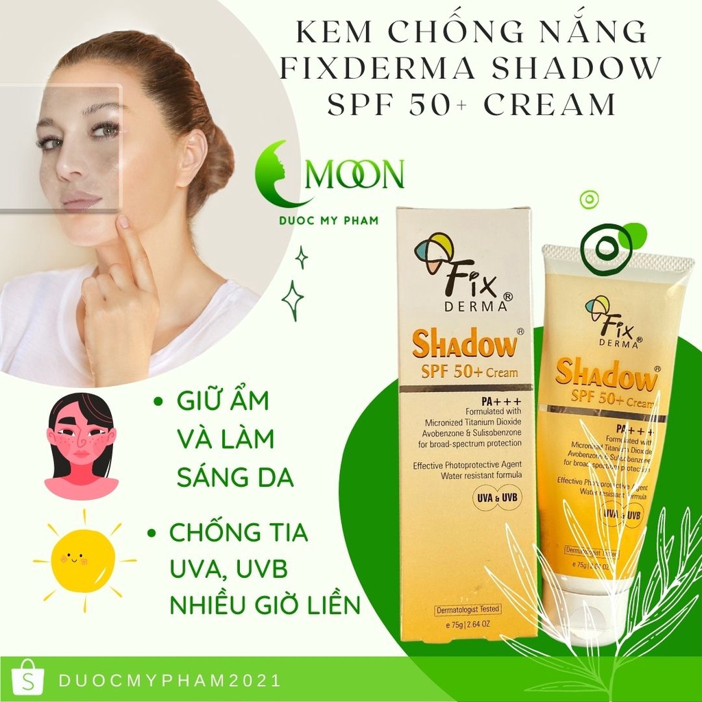 Kem chống nắng Fixderma Shadow SPF 50+ Cream PA+++ dạng kem mỏng nhẹ không gây bí da ngăn ngừa da thâm sạm 75g