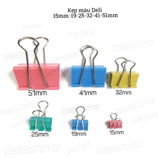 Kẹp màu deli các cỡ 15mm-51mm.Kẹp sắt màu.