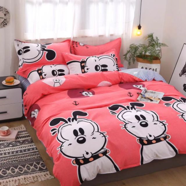 Bộ Chăn Ga Gối Chó Hồng Cotton Poly