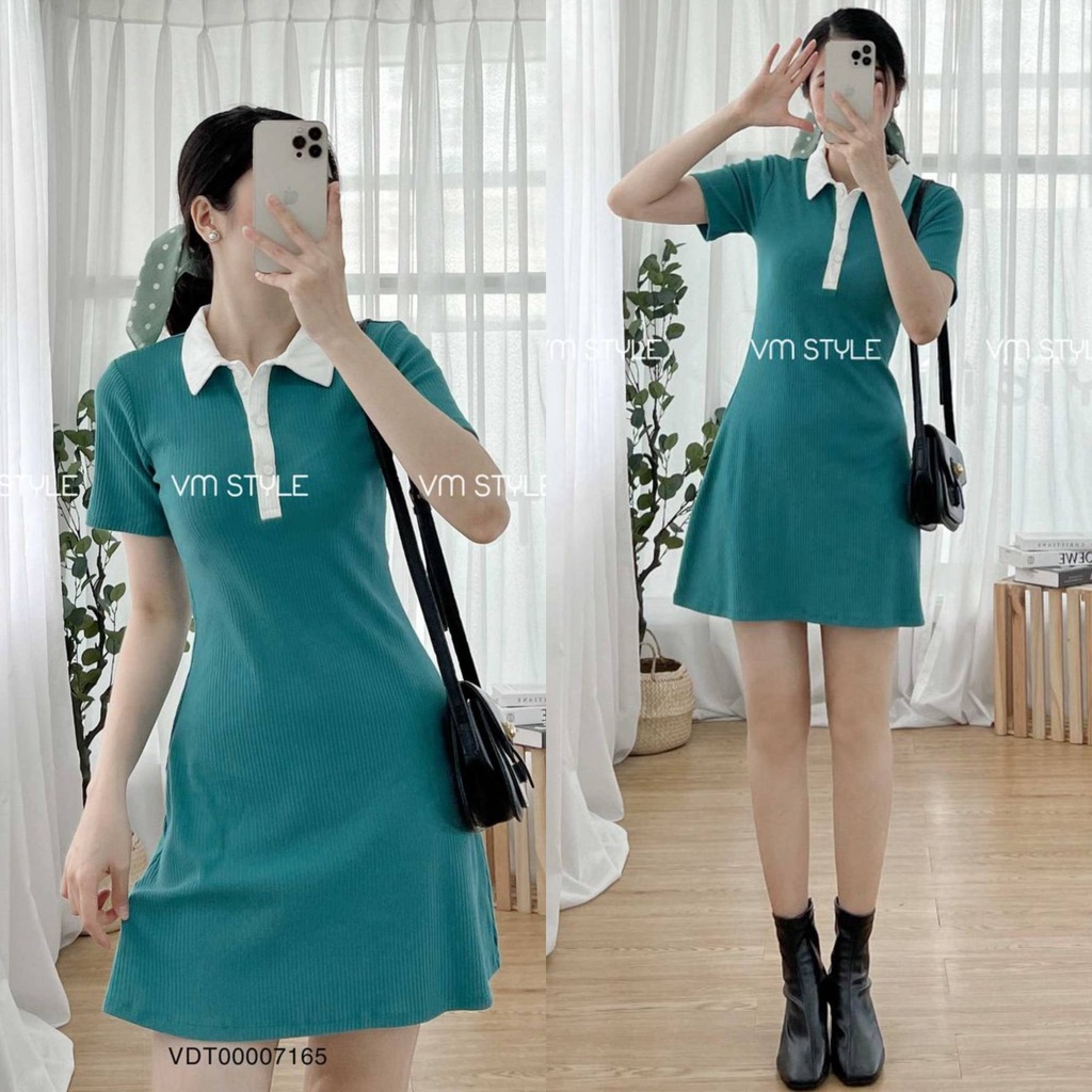 Đầm thun nữ VM Shop tay ngắn cổ bẻ nút ngực phối viền trắng nhiều màu 3751 VDT00007