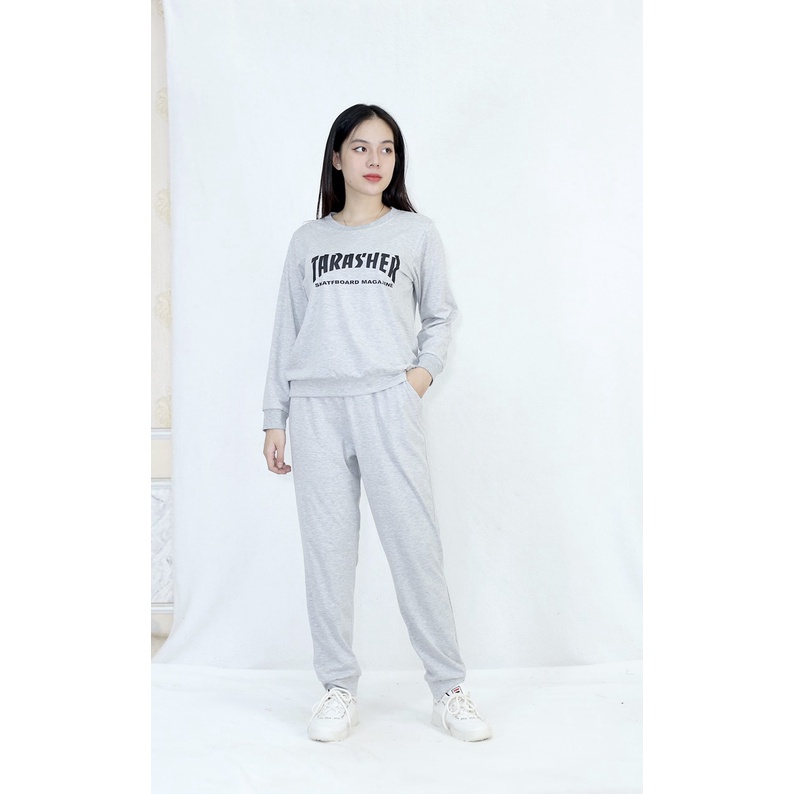 [HÌNH THẬT] Bộ đồ thể thao quần dài tay dài màu xám trắng - Vải Cotton 65/35 Cao Cấp