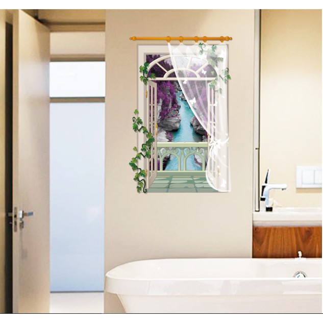 Decal trang trí Cửa Sổ phong cảnh Khe Núi Hoa Tím