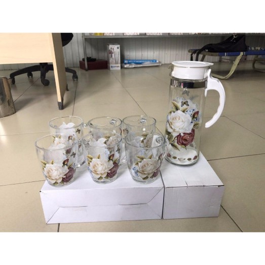 bộ bình 6 ly cốc thủy tinh hoa văn đẹp