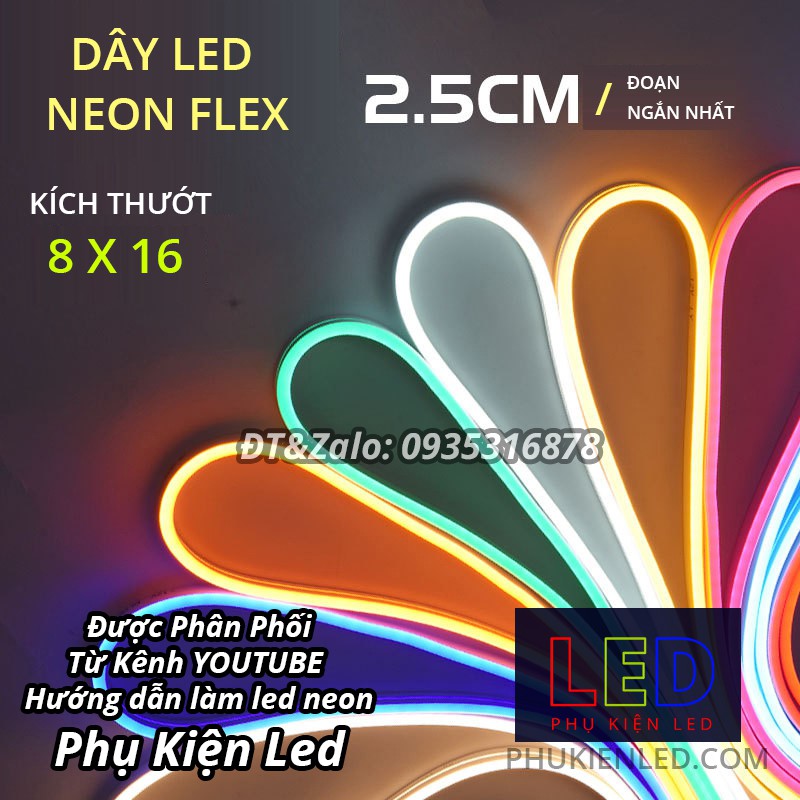 1 mét dây đèn led neon ngoài trời  không thấm nước kt  8*16, điện áp 12v, 2,5cm một lần căt, uốn chữ quảng cáo đa dạng