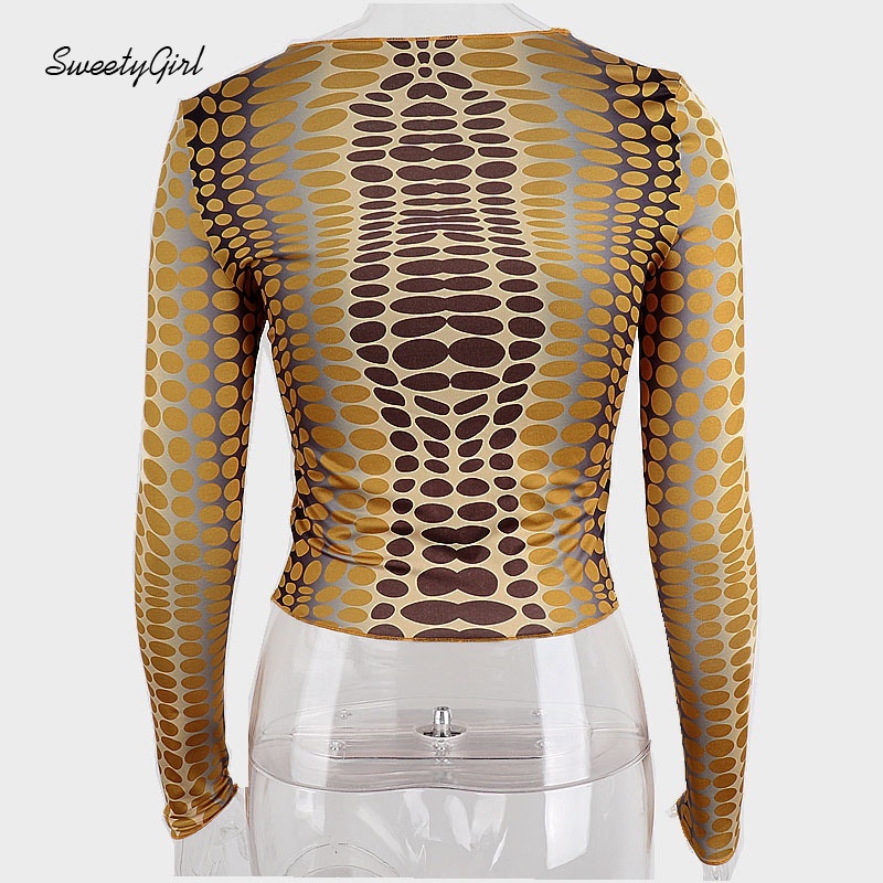 Áo croptop tay dài cổ tròn dáng ôm in họa tiết hình học thời trang cho nữ