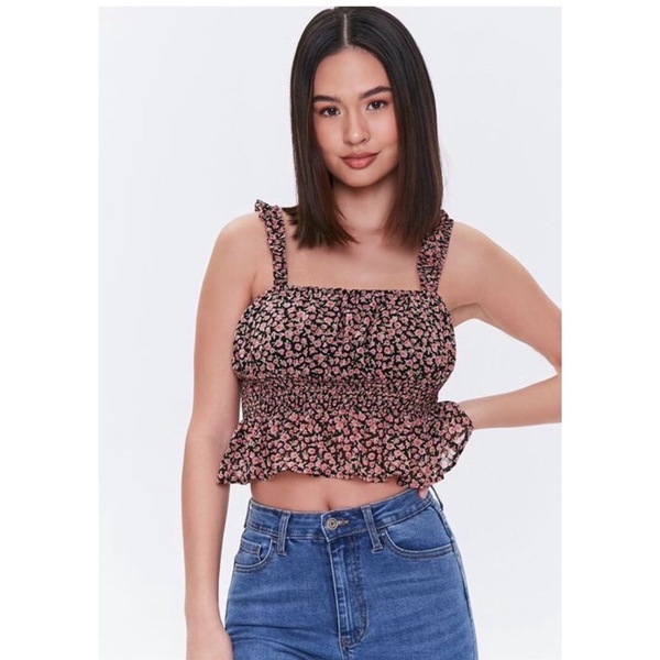 Áo voan Floral Flounce-Hem Crop Top F21 hàng XK