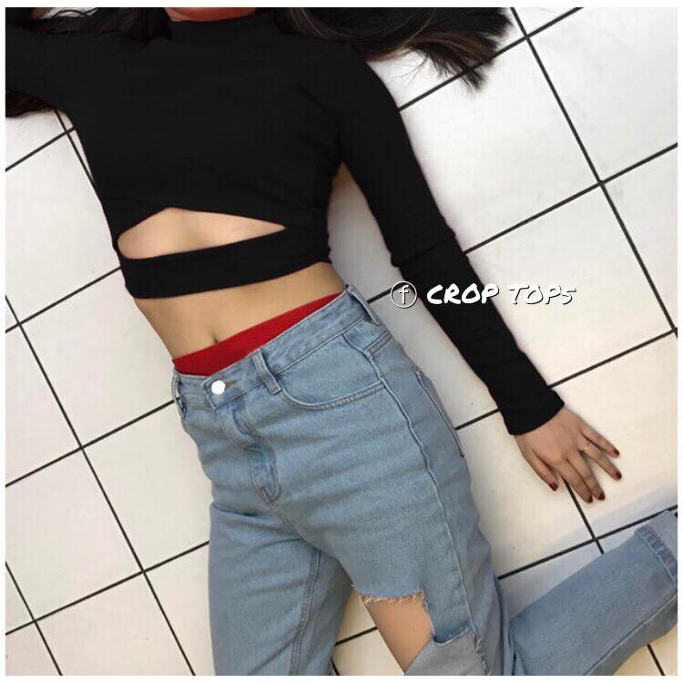 Áo Croptop tay dài body vạt chéo thun trơn - by Sugargalz