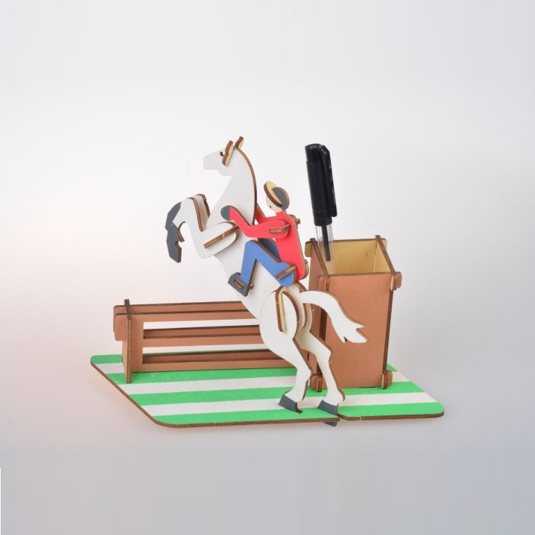 Đồ chơi lắp ráp gỗ 3D Hộp bút Vận động viên Đua ngựa Laser