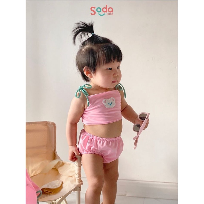 Đồ bơi bé gái 2 mảnh Little Bear SODA KIDS thêu gấu tặng kèm mũ bơi phong cách Hàn Quốc mềm nhẹ co dãn 4 chiều thoải mái