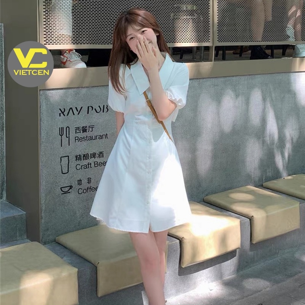 VÁY SƠ MI TRẮNG THẮT EO HỞ LƯNG ĐẦM SUÔNG BABYDOLL CỘC TAY VINTAGE ULZZANG HÀN QUỐC - VIETCENTRE