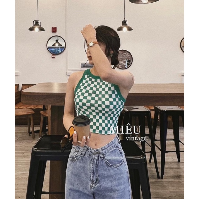 Áo Croptop Ba Lỗ Sát Nách Không Tay Kẻ Caro Xanh