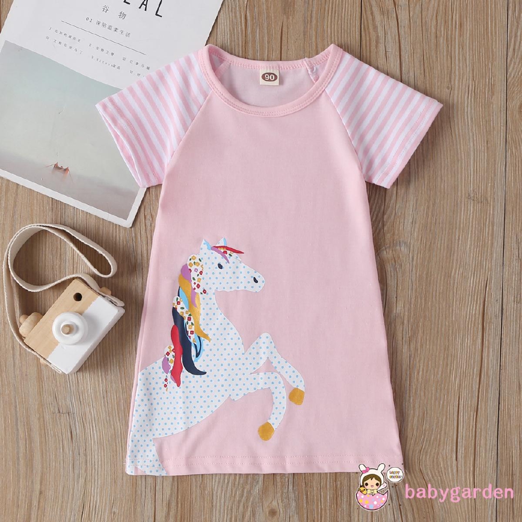 Đầm Tay Ngắn Cổ Tròn Hoạ Tiết Kỳ Lân Đáng Yêu Cho Bé Gái