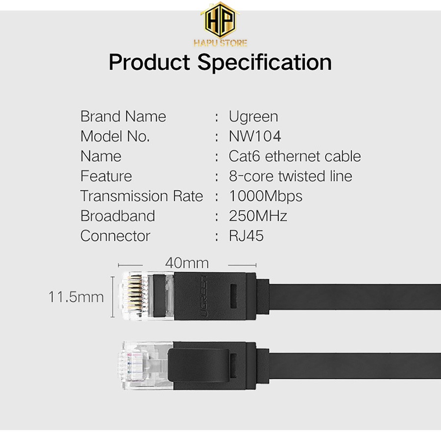Ugreen 50183 - Dây mạng dẹt dài 0,5m - Cáp mạng Lan CAT6 màu đen chính hãng