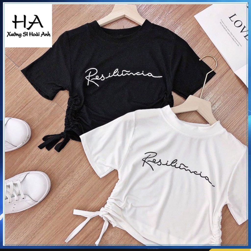 Áo Croptop Tay Ngắn Thun Body Dây Rút 2 Bên Eo Trắng / Đen Thêu Chữ - Áo Croptop Cổ Tròn | BigBuy360 - bigbuy360.vn