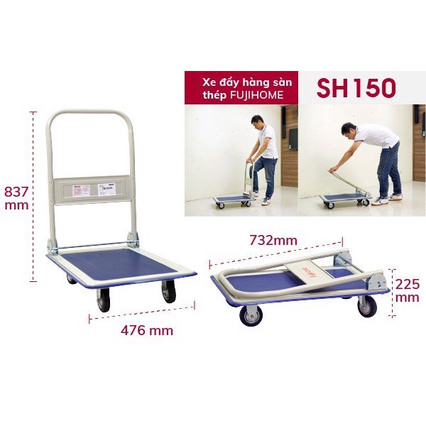 Xe đẩy hàng 4 bánh gấp gọn 200kg nhập khẩu FUJIHOME,bánh cao su không ồn, xe kéo hàng gấp gọn đa năng giá rẻ