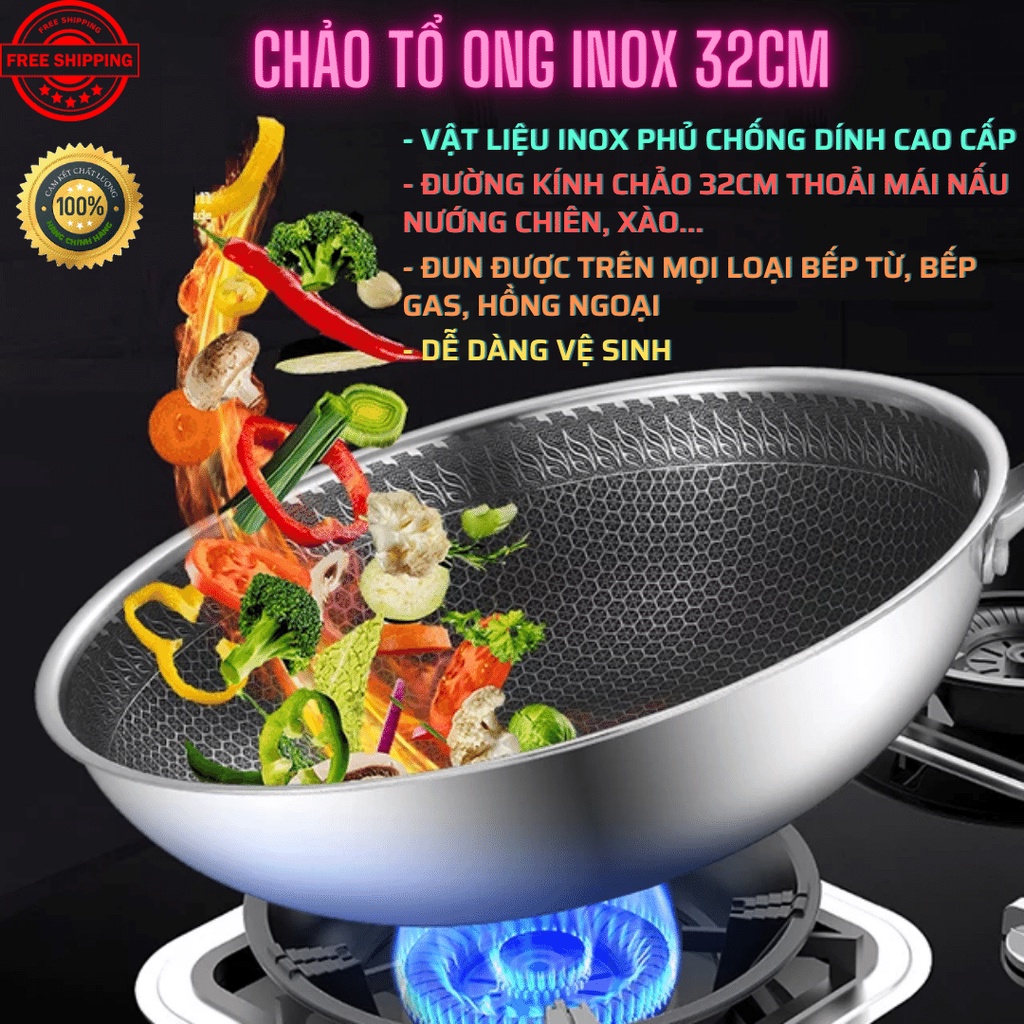 Chảo Tổ Ong Siêu Chống Dính 32Cm - Chảo Chống Dính Inox Đa Năng Sâu Lòng, Vân Tổ Ong Cao Cấp (Nấu Cả Bếp Từ)