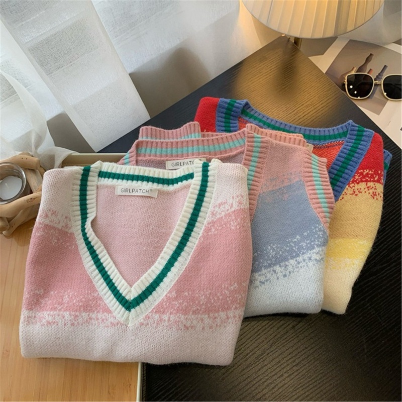 Áo Sweater Dệt Kim Sát Nách Dáng Rộng Kẻ Sọc Màu Cầu Vồng Dễ Phối Đồ Thời Trang Mùa