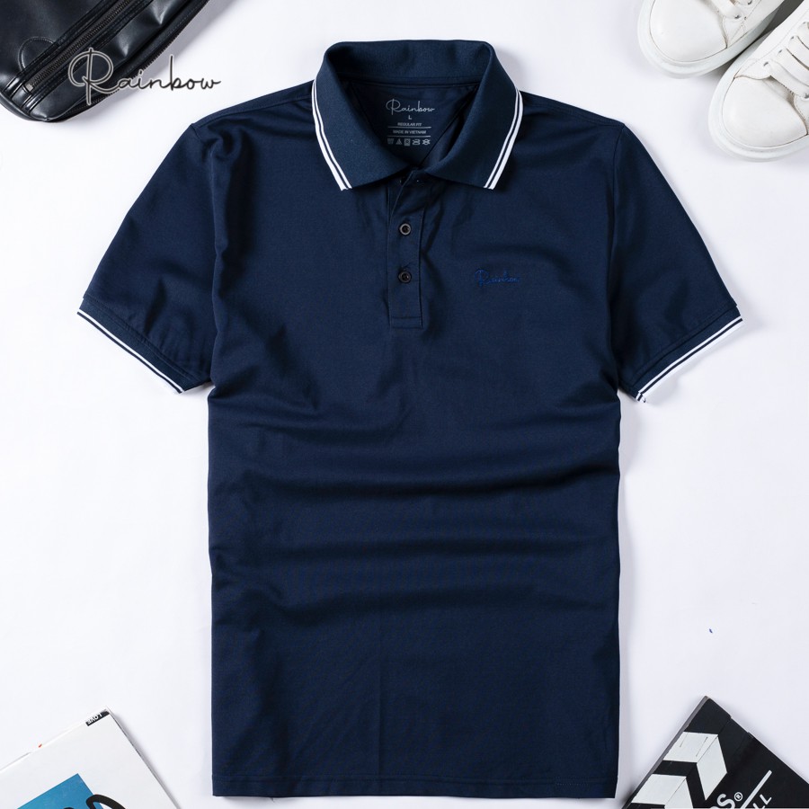 Áo Polo nam cotton cao cấp chính hãng Rainbow SPO002 Regular Fit phối bo viền trẻ trung - Thấm hút mồ hôi chuẩn size nam