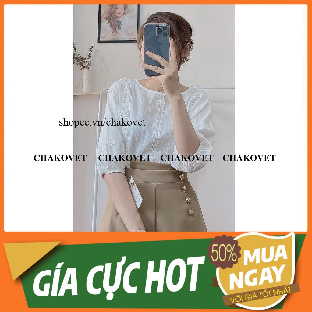 Áo babydoll nữ tay lỡ màu trắng ckv800, kiểu sơ mi nữ cổ tròn, áo kiểu nữ trắng phối ren mặc đẹp sành điệu dáng xinh *