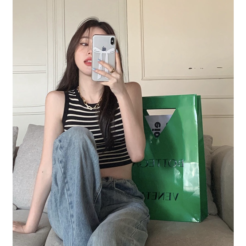 QKOOLE Áo tanktop  cổ tròn họa tiết kẻ sọc phong cách Hàn Quốc thời trang quyến rũ cho nữ