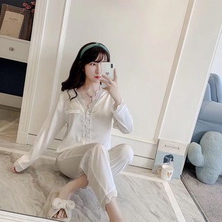 Bộ ngủ lụa Pijama dài tay trắng trơn hàng cao cấp