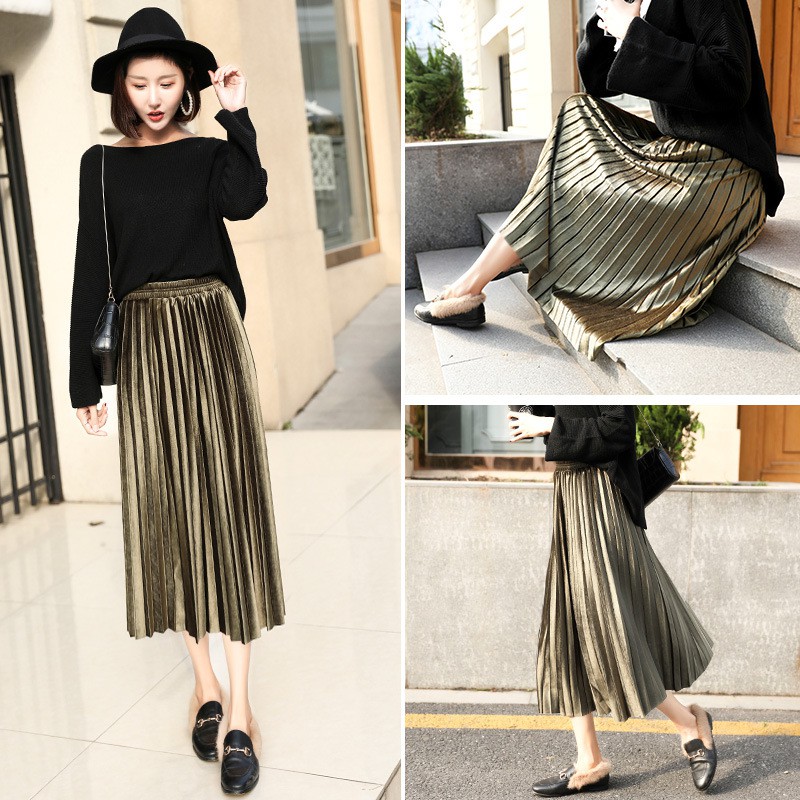 [Free SHIP]Chân váy xếp ly dáng dài sang trọng