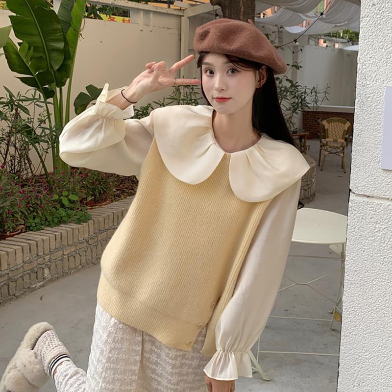 Set Áo Sơ Mi Tay Dài + Áo Len Không Tay Thiết Kế Mới Thời Trang Theo Phong Cách Hàn Quốc Cho Nữ