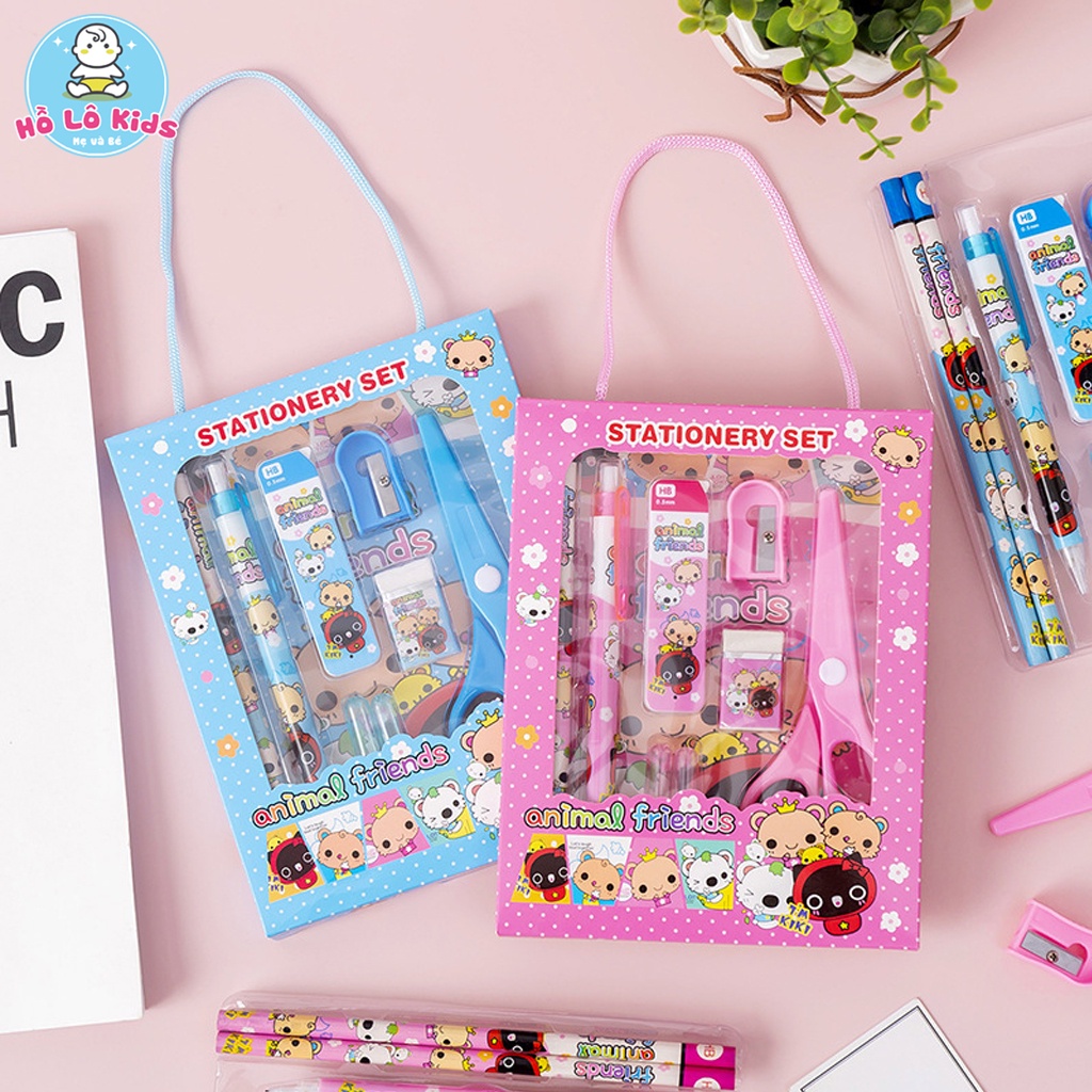 Bộ 6 chi tiết dụng cụ học tập kéo tẩy bút chì gọt bút xinh xắn cho bé Hồ Lô Kids