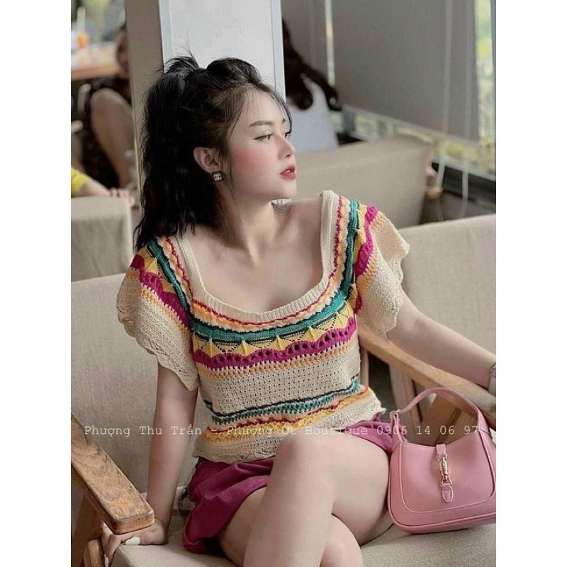 Áo len kiểu ngắn tay hoạ tiết cực xinh, Áo kiểu cổ vuông ngắn tay AL9332 - NhiNhi Shop
