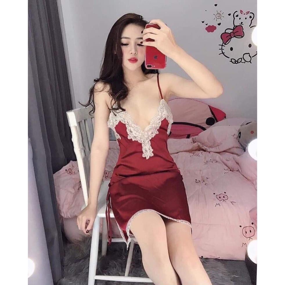 Váy ngủ lụa ren ngực sexy đầm ngủ hai dây xẻ tà hàng nhập cao cấp màu đỏ | BigBuy360 - bigbuy360.vn