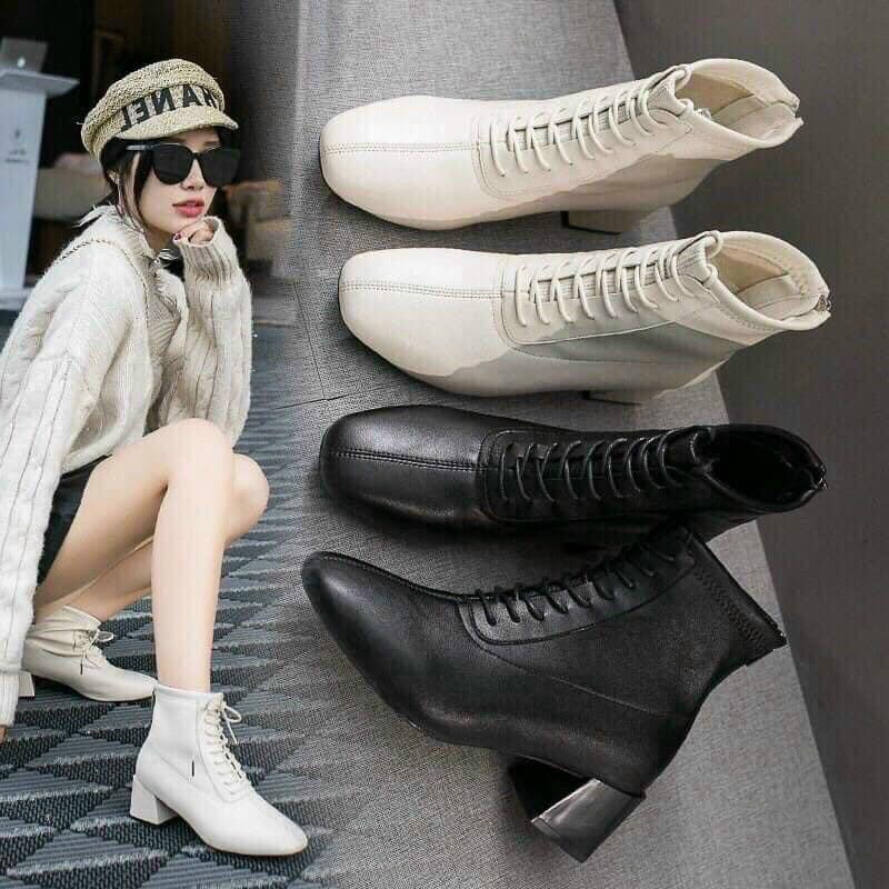 Bốt da 5 phân đan dây thời trang, bốt ngắn buộc dây cá tính