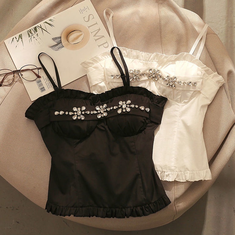 Áo Ngắn Hai Dây Dáng Ôm Đính Đá Thời Trang Mùa Xuân Phong Cách Mới Ngọt Ngào Cho Nữ