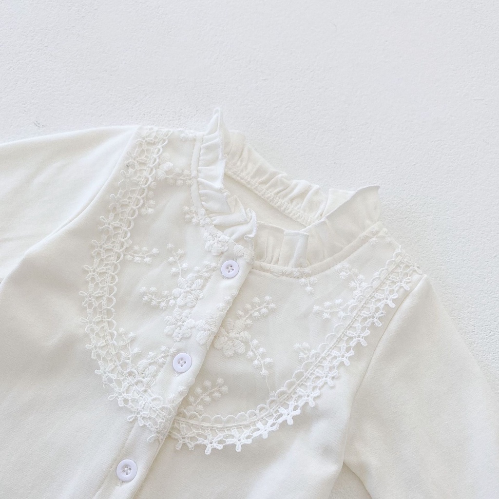 Bộ Áo Liền Quần Tay Dài Phối Ren Cổ Bèo Dễ Thương Cho Bé Gái Sơ Sinh Ins2021