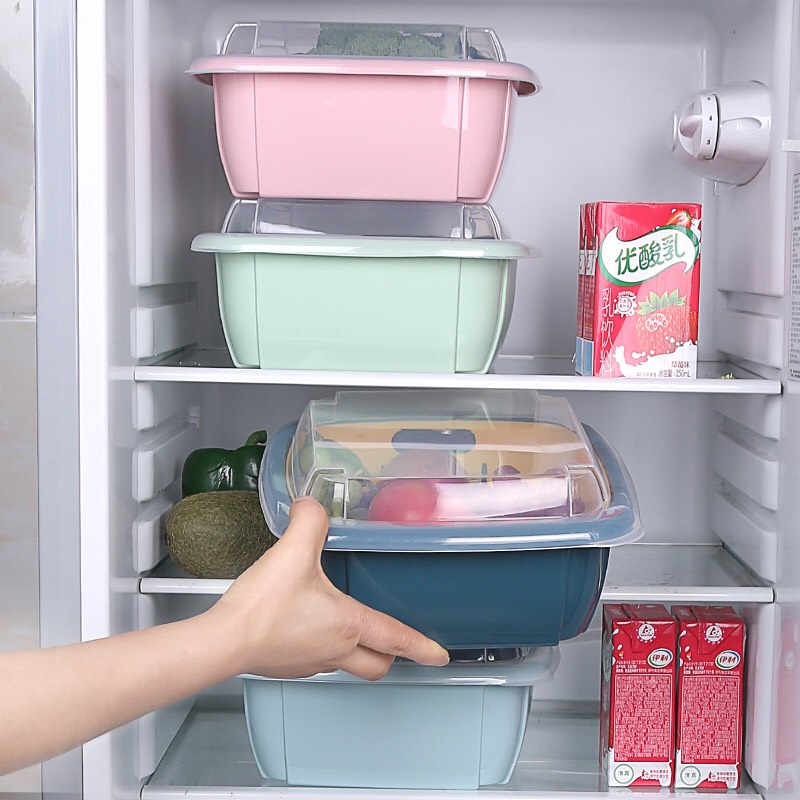 Bộ Rổ Nhựa Kèm Chậu Có Nắp Đậy Dùng Làm Hộp Đựng Hoa Quả Đồ Ăn Thức Ăn Thực Phẩm Để Tủ Lạnh