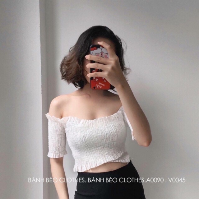 Áo trễ vai nhún đắp chéo , áo croptop trễ vai siêu xinh