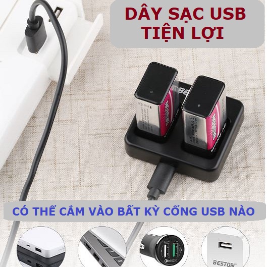 Bộ sạc pin vuông 9V 800mAh Beston Chính hãng M7005, Pin vuông Li-Ion cao cấp Sạc lại nhiều lần