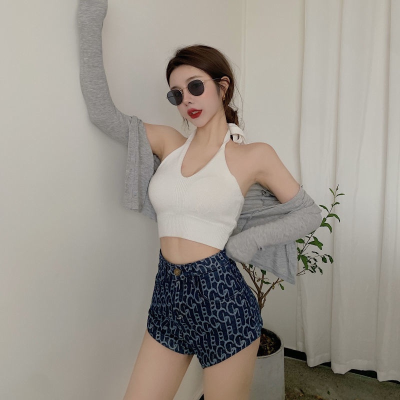 Quần Short Jean Lưng Cao In Chữ Y2K Cá Tính Cho Nữ