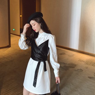 [ Có sẵn ] Áo váy sơ mi vạt lụa chiết eo [ Size M ]