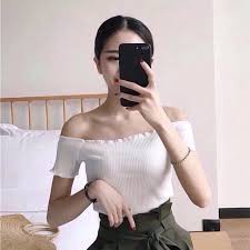 Áo bệt vai thun Gân xinh xắn, áo croptop nữ trễ vai basic