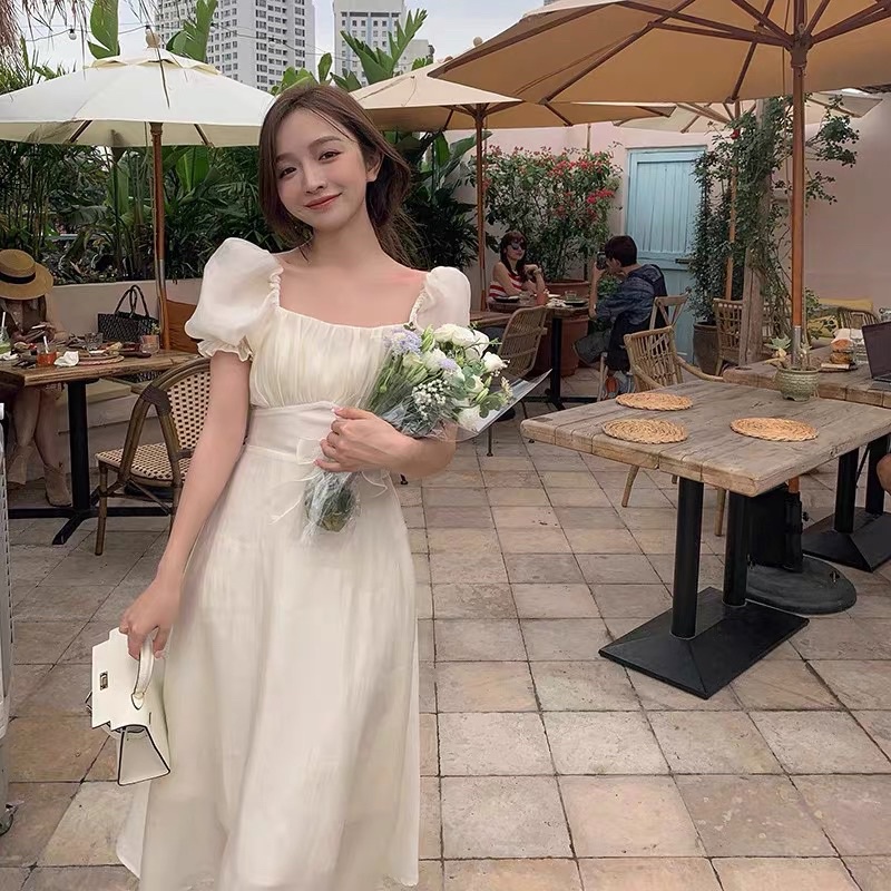 Đầm midi trắng xếp ly ngực dáng dài tiểu thư váy trắng chụp kỉ yếu