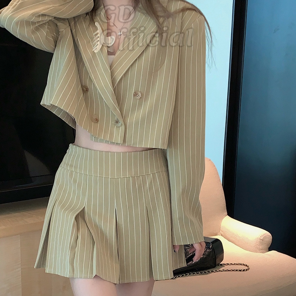 Set bộ nữ áo croptop dài tay, váy cạp lưng cao tennis chữ A học sinh sọc xanh cá tính, nặng động GD Official