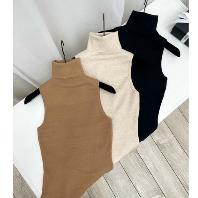 Áo cổ lọ sát nách H&M xuất Âu thun cotton nỉ gân tăm đen, be, nâu